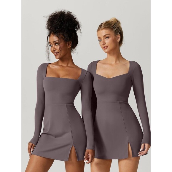 New  QINSEN Women's Sweettheart Neckline Long Sleeve Dress Side Slit Medium - Picture 6 of 6